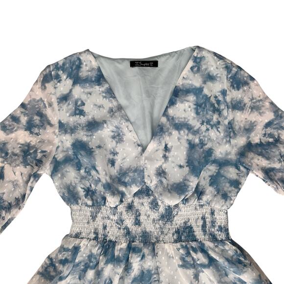 Fit & Flare Swiftie Dress Sz XL Blue White Balloon Sleeve Ruffle Floral Romantic - Picture 7 of 16